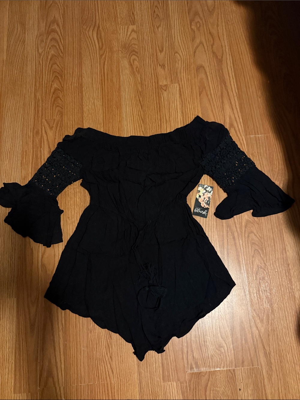 Black Off-Shoulder Crochet-Sleeve Bodysuit size M